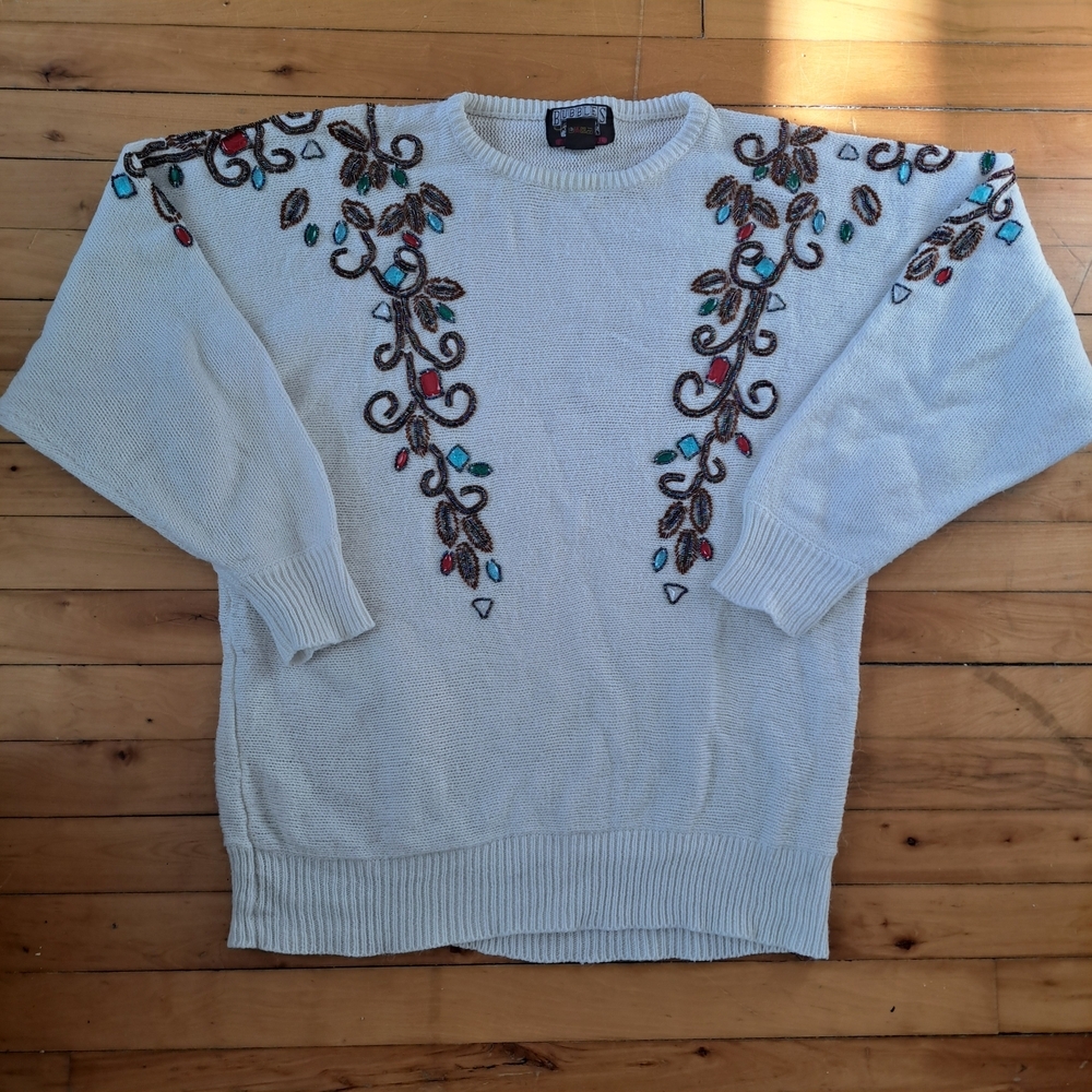 Vintage Bubbles International Sweater Beaded Floral Design Size L